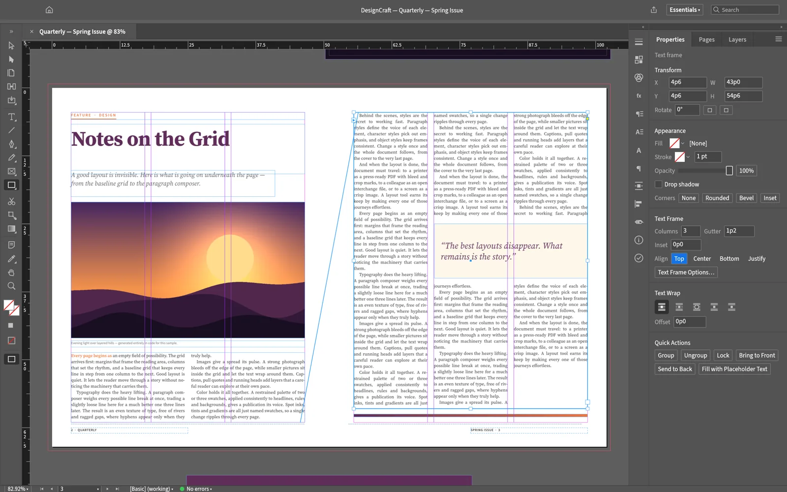 DesignCraft showing a magazine spread: a threaded three-column story with its thread line, a wrapped pull quote, and the Properties panel's text frame options