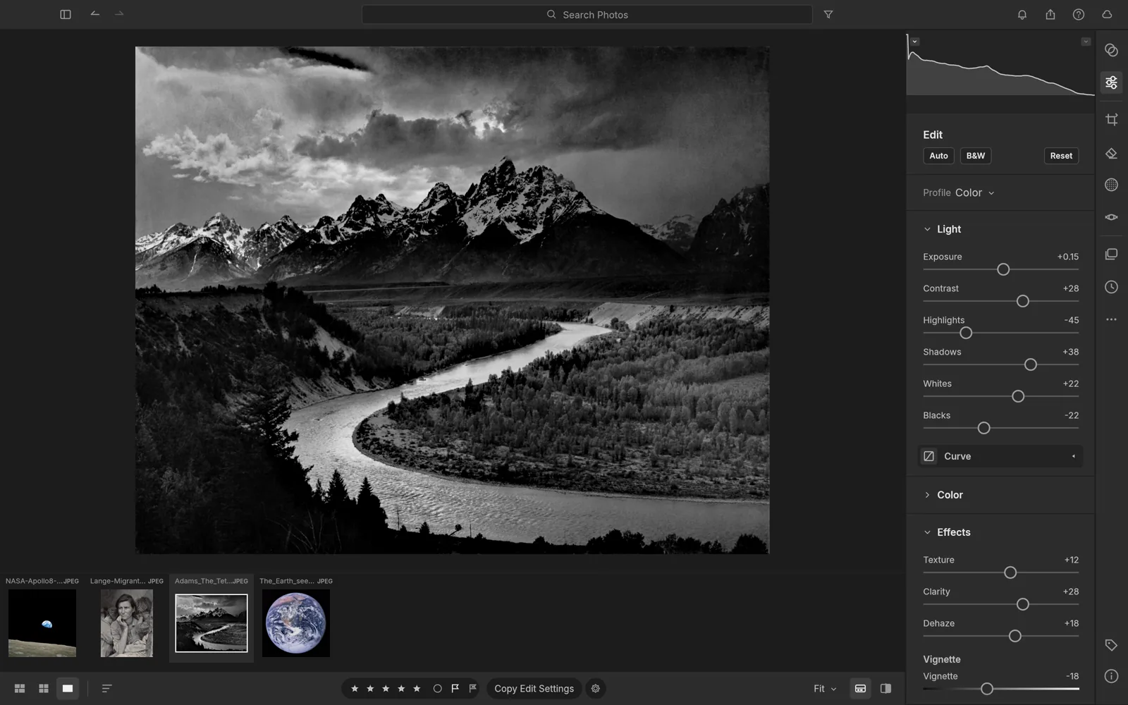 LightCraft developing Ansel Adams' The Tetons and the Snake River with light and effects sliders