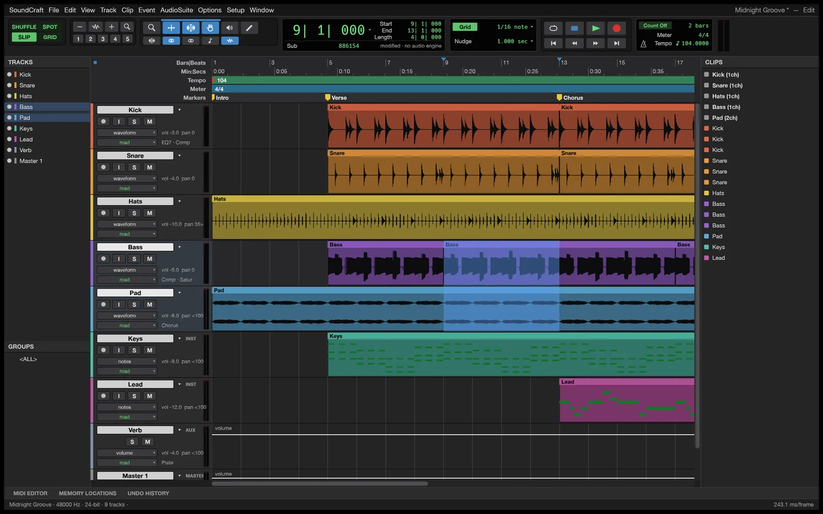 SoundCraft Edit window showing audio waveforms, MIDI tracks, rulers, markers and transport controls for a multi-track session