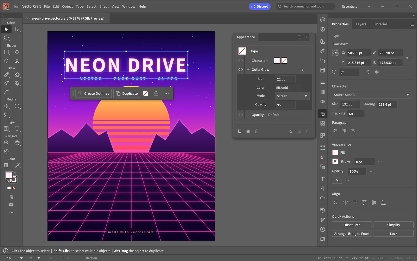 VectorCraft editing the Neon Drive poster, with the title's live outer glow settings in the Appearance panel and its character settings in the Properties panel